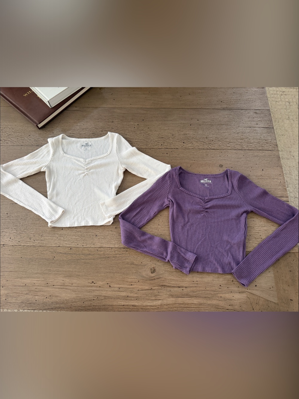 Hollister Ribbed Square-Neck Long Sleeve Tops — White & Purple